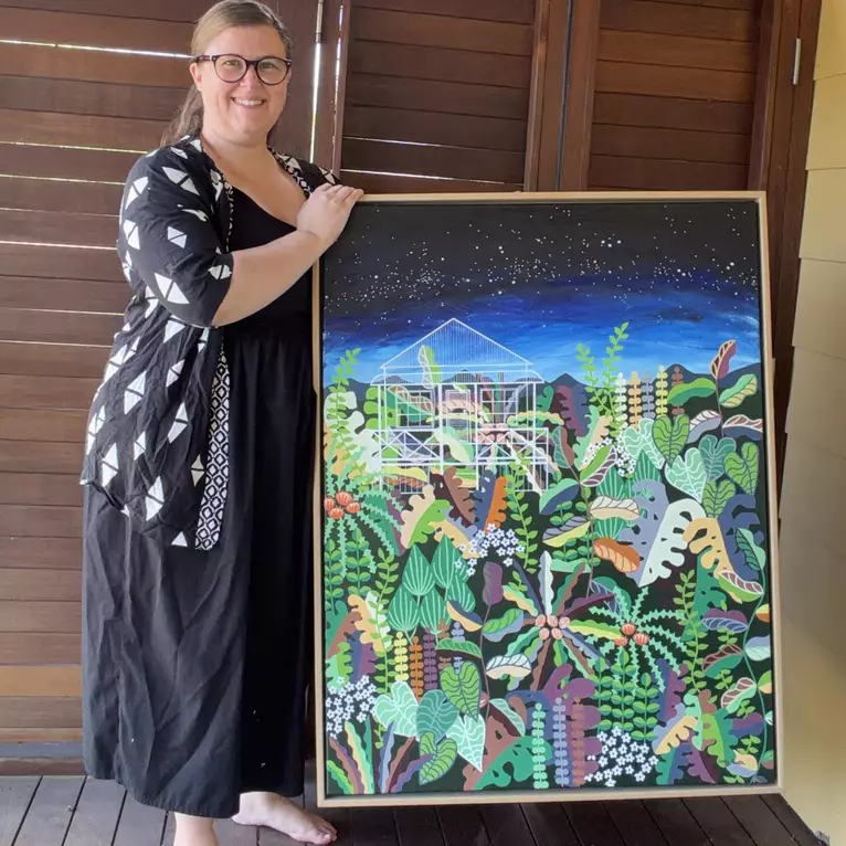 A garden with Australian natives displayed in simple shapes. Leading up to mountains with a Queenslander cottage… — edge view