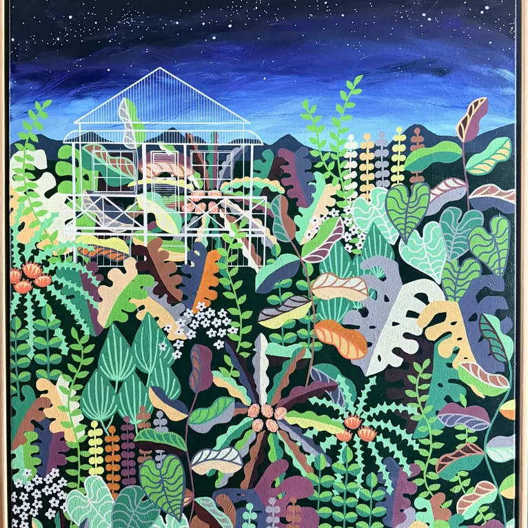 A garden with Australian natives displayed in simple shapes. Leading up to mountains with a Queenslander cottage. A night sk…