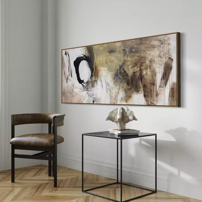 Rhythmic layers of acrylic in warm golds, deep browns, black, grey and stark whites capture the raw tempo and spontaneous en…