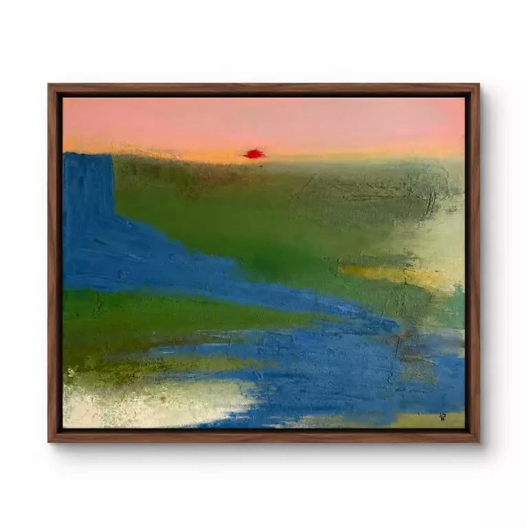 A dusty blue band curves diagonally through textured green areas beneath a peach-pink sky, with a small red sun near the hor…