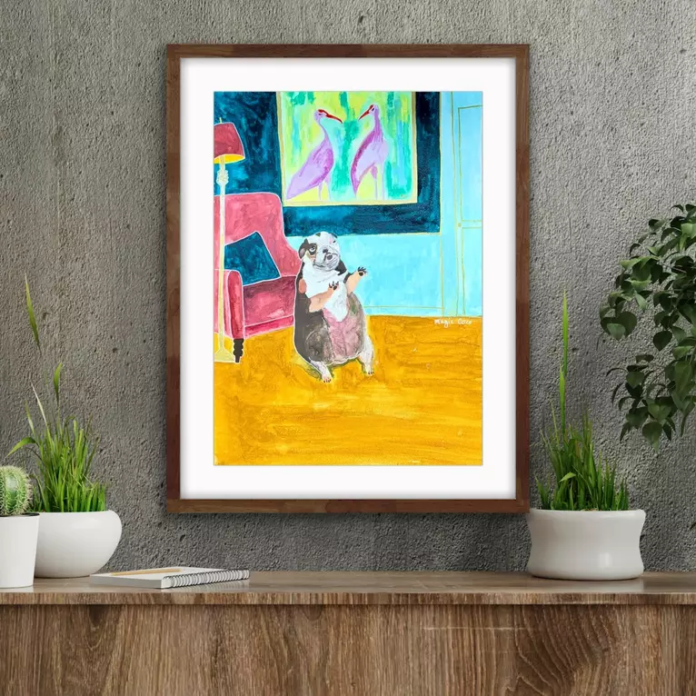 Original watercolor and gouache painting of a small bulldog sitting upright with his paws raised in an eccentric… — edge view