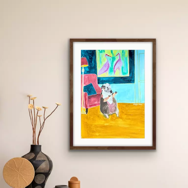 Original watercolor and gouache painting of a small bulldog sitting upright with his paws raised in an eccentric se… — detail