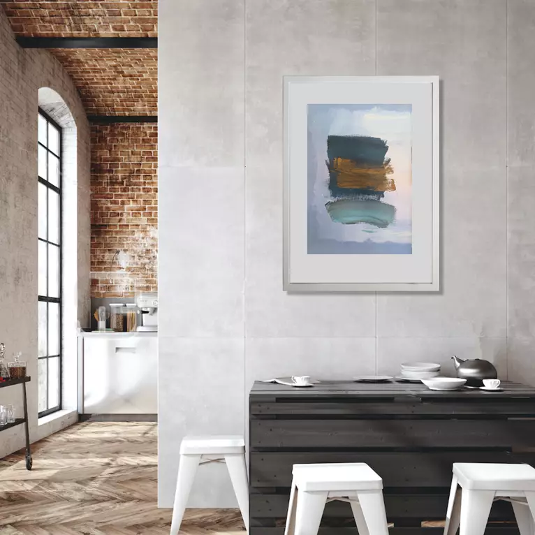 Brushstrokes of bronze and turquoise on a blue ground — edge view