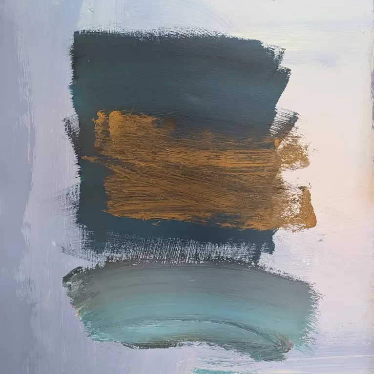 Brushstrokes of bronze and turquoise on a blue ground