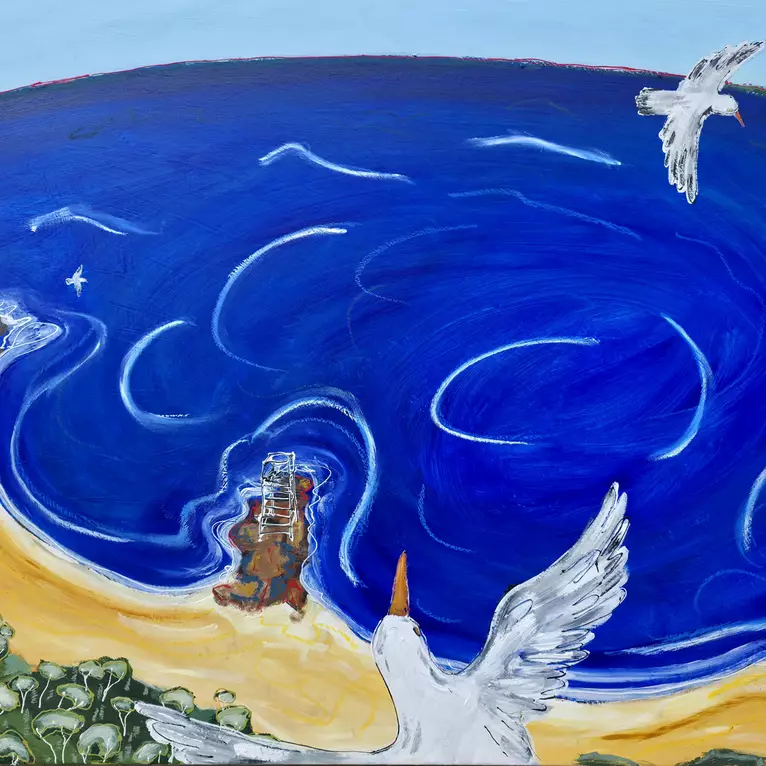 a distorted aerial perspective of the ocean with a beach, lifeguard tower, ship and sea gulls