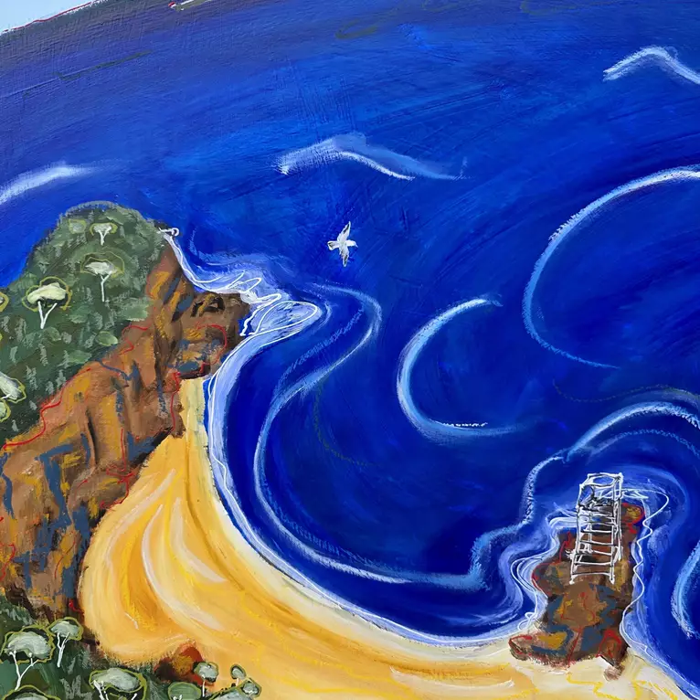 a distorted aerial perspective of the ocean with a beach, lifeguard tower, ship and sea gulls — edge view