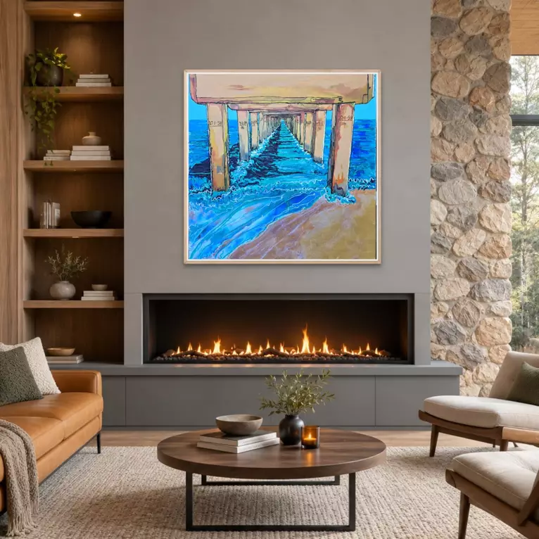 Part of a series of 13 paintings inspired by the iconic piers of Victoria’s Mornington Peninsula. This vibrant work captures…