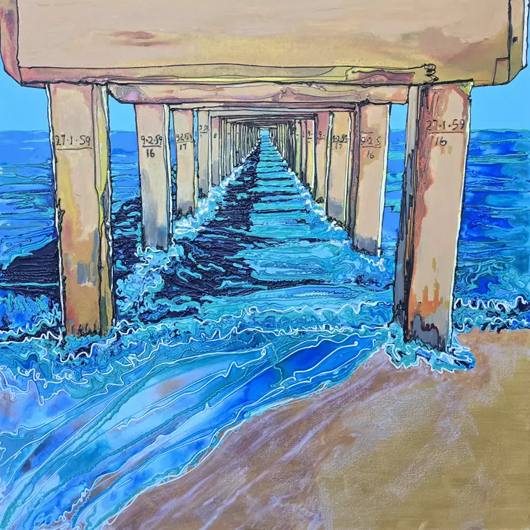 Part of a series of 13 paintings inspired by the iconic piers of Victoria’s Mornington Peninsula. This vibrant work captures…