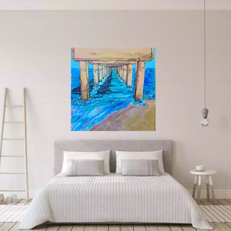 Part of a series of 13 paintings inspired by the iconic piers of Victoria’s Mornington Peninsula. … — shown in a room setting