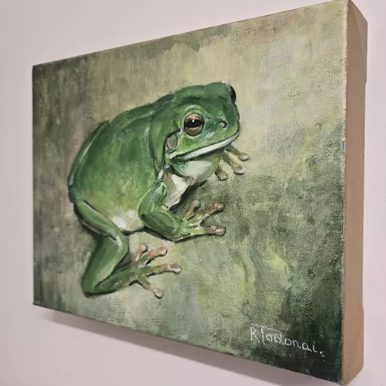 A detailed realism painting of an old green tree frog with golden eyes, pale underbelly, and visible webbing on … — edge view