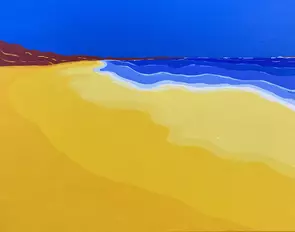 Yellow beach, red rocks and blue sea and sky