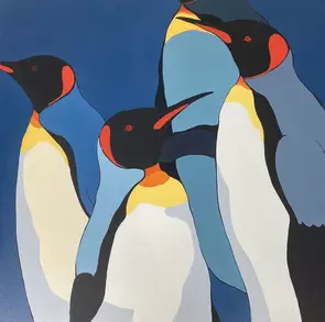 Dark grey, white and orange emperor penguins