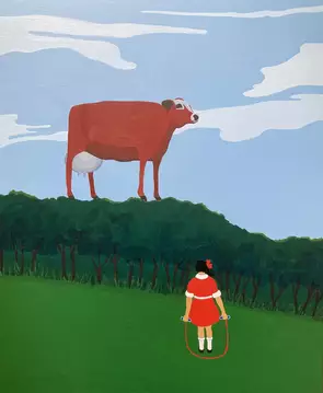 Girl in red dress looks at a brown cow suspended in space above a green hedge.