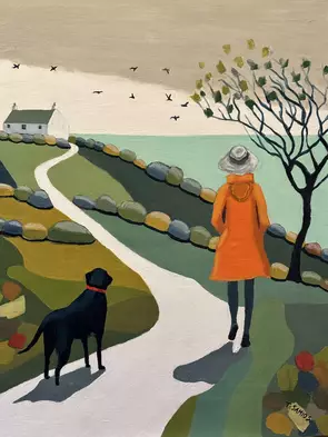 Lady in Orange Jacket Walking Black Dog by Tracey Samios, Canvas Print