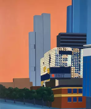 Orange backgound with multicoloured buildings and green trees in foreground.