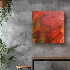 Industrial minimal painting with bold red and green background with layers of shellac to give texture. Imbued with passion, …