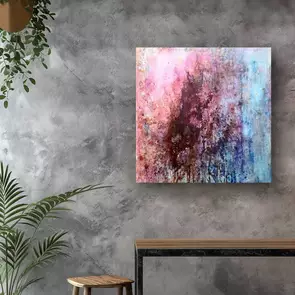 Industrial minimal painting with ultramarine blue and pink background with layers of shellac In creating this piece, I explo…