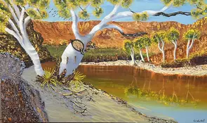 Thick textured painting Reflected white gum trees Large Gum Tree over looking the water Bright textured Escarpments Black Co…