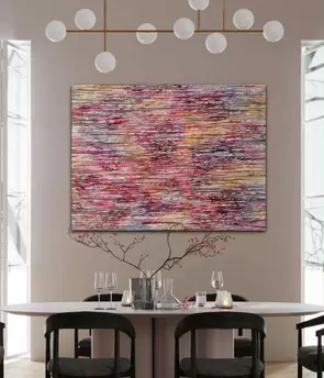Vertical textured stripes in pinks, blush, greys and cream. It can be also displayed vertically.