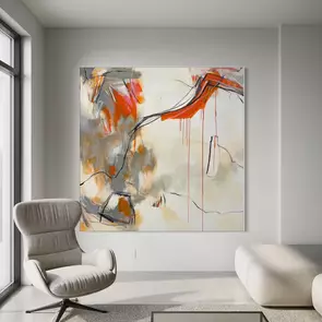 bold lightly textured marks in black and white, green, grey, beige orange, blue and green expressive marks across a large ca…