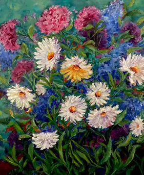 Spring cottage garden, white daisies, pink carnations, blue stocks