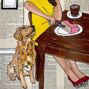 Woman with golden retriever at cafe
