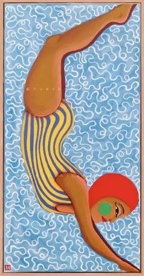 Portrait of a woman swimming in the water, pool. Self Portrait of Artist.