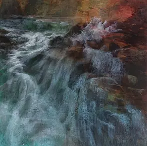 Green, brown and white with a crimson accent abstract seascape