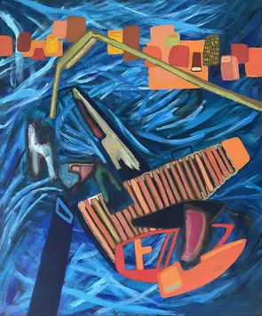 Abstract painting of water with orange geometric shapes