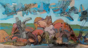 An imaginative painting of a rock landscape and figures in the sky