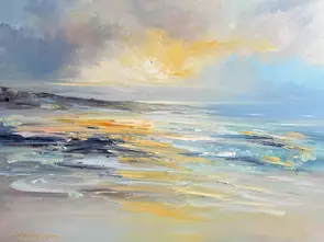 Seascape painting with yellow and grey colours.