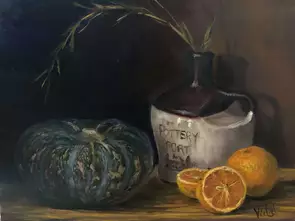 Pumpkin, oranges and pottery - Oil on linen board by Christopher Vidal, Canvas Print, Realism