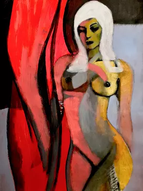 Figurative Abstract - Nude with Red Curtain by Wilde Portraits, Canvas Print