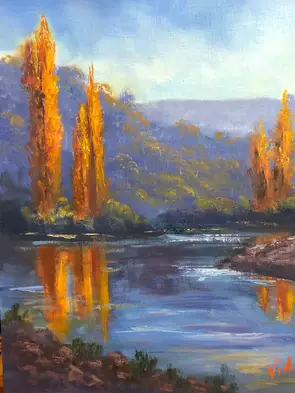 Autumn reflections at Dalgety NSW - Oil on linen board by Christopher Vidal, Canvas Print