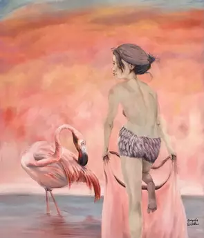 A woman climbing into her handbag with a flamingo in the background.