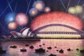 Happy New Year Sydney by Alex Mo, Oil, Australiana