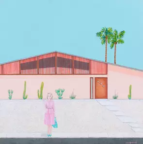 A woman waiting curbside in front of a mid century house with a palm tree.