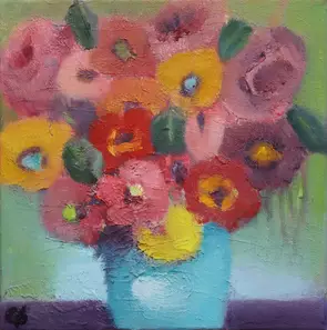 Little blue pot of colourful flowers