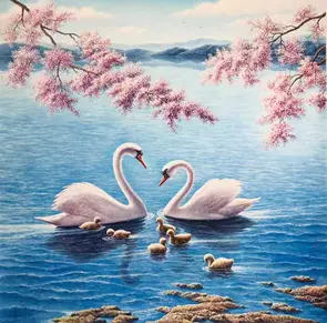 White Swan Family by Alex Mo, Oil, Australiana