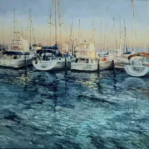 Boats at dusk in Fremantle by Tatyana Soboleva, Oil