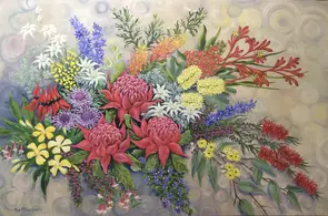 An exuberant colourful bunch of Australian Native flowers with a praying mantis among the blooms.