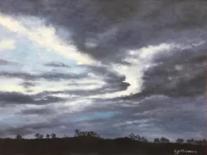 Storm clouds after dark over low horizon and mallee trees