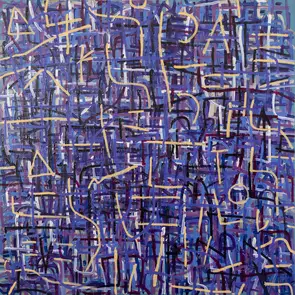 abstract painting composed of layered mainly violet lines