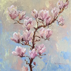 An expressionist artwork depicting white creamy magnolias captured by shades of light blue, pink, and green.