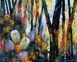 Banksia bushes in forest landscape