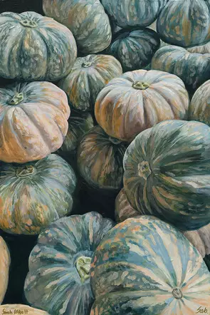 A collection of cascading pumpkins rendered in blues, greens and pastel oranges in a painterly realist style.