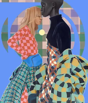 The painting is representing 2 women facing each other, looking in opposite directions. They both wear clothes with tartan p…