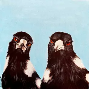 A cute quirky magpies in acrylics framed in a floating frame