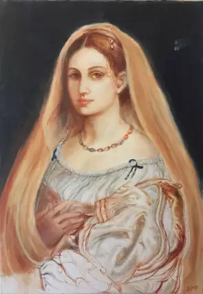 A woman wearing a golden veil, a string of beads and a beautiful dress, sits with hands clasped.