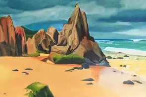 Towering green, yellow and red rock formations on a golden beach, with turqoise waves